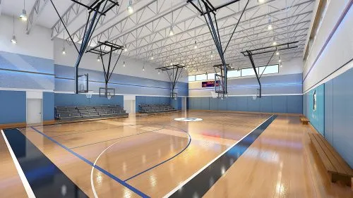 rendering of The Hub gymnasium with basketball hoops